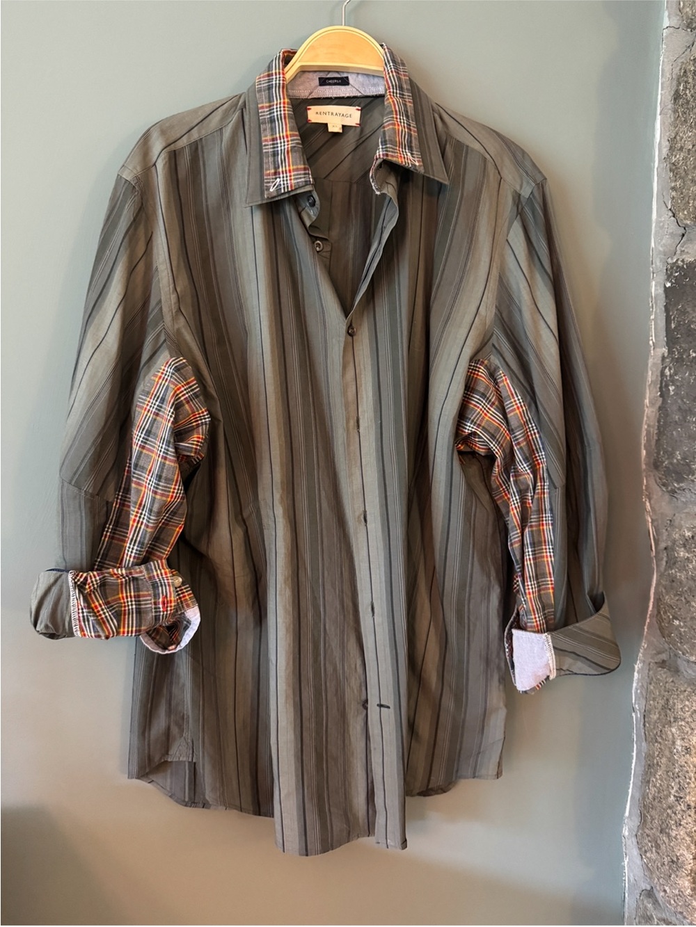 Rentrayage Mixed Media Plaid & Striped Button Front Shirt